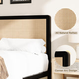 CHABUILDREARK Rattan Bed Frame Queen, Metal Platform Bed with Headboard, Bed Frame Queen Size with Steel Slats Support, No Box Spring Needed, Noise-Free, Easy Assembly, Black CHABUILDREARK