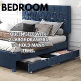 KEIKI Upholstered Queen Size Platform Bed with Trundle and Drawer, Velvet Fabric Bed Frame with Wood Slats/Save Space for Kids Teens Adults Bedroom, Modern Design, No Spring Box Required, Blue KEIKI
