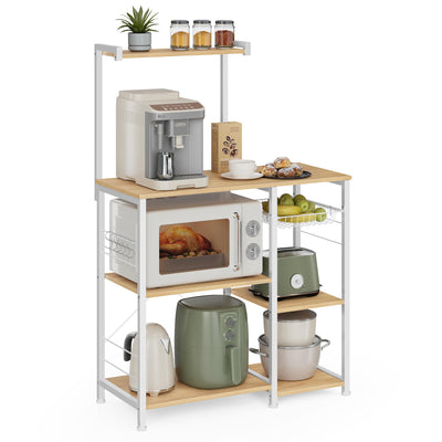 VASAGLE Baker's Rack, Microwave Stand, Kitchen Storage Rack with Wire Basket, 6 Hooks, and Shelves, for Spices, Pots, and Pans, Golden Oak and Cloud White UKKS035W09