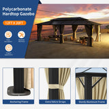 Jolydale 12FTx20FT Hardtop Gazebo, Outdoor Polycarbonate Double Top Canopy, Aluminum Frame Permanent Pavilion with Netting and Curtains, Sunshade for Patio, Garden, Lawns Jolydale