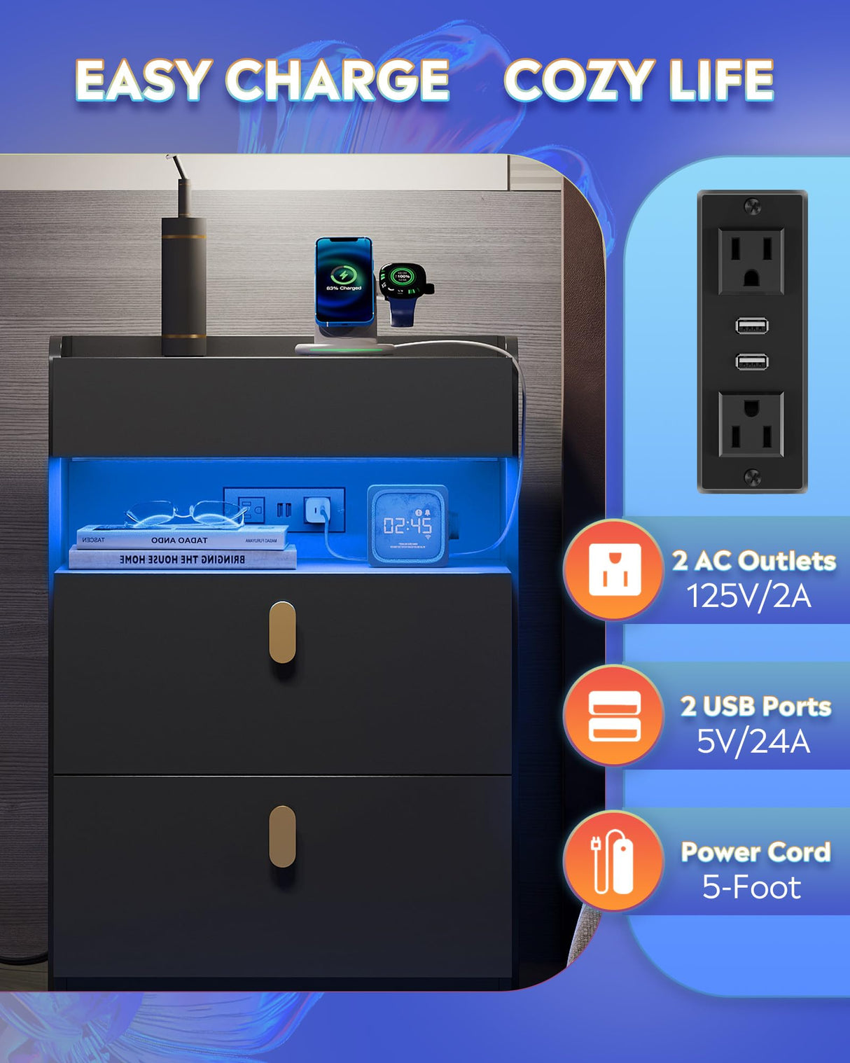 WLIVE Black Nighstand with Charging Station and LED Lights, Night Stand with Sliding Top, Modern Bedside Table with 2 Drawers, End Tables for Bedroom, Living Room, Black WLIVE