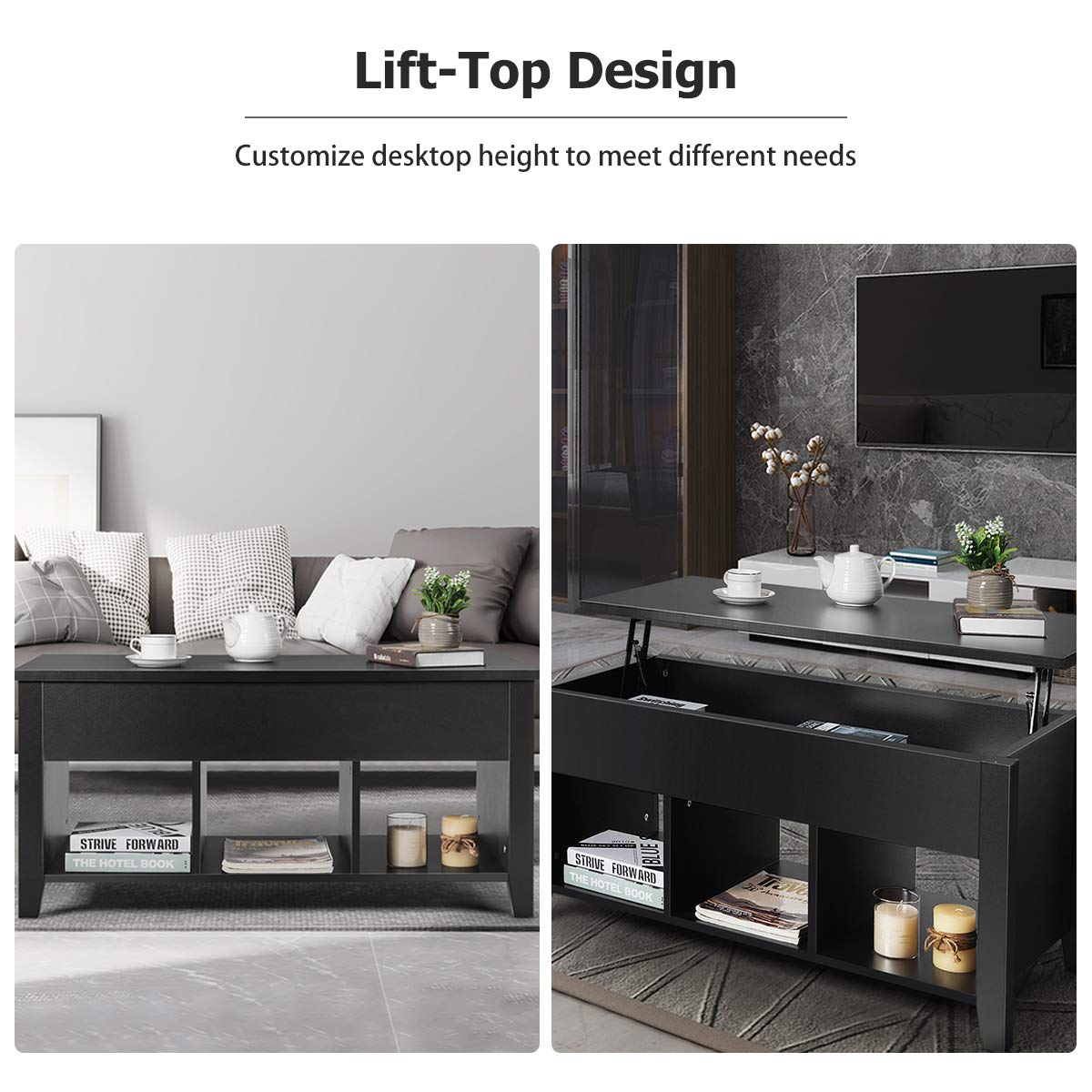 Tangkula Lift Top Coffee Table, Wood Home Living Room Modern Lift Top Storage Coffee Table w/Hidden Compartment Lift Tabletop Furniture (Black) - WoodArtSupply