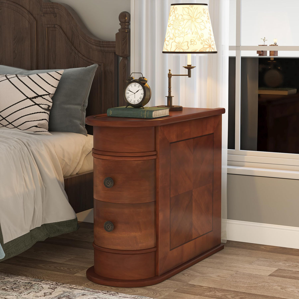 Tribesigns Wood End Table Set of 2, Narrow Solid Side Table 2-Drawer Slim Chair Side Table, No Assembly Required, Finished Back, Walnut Tribesigns