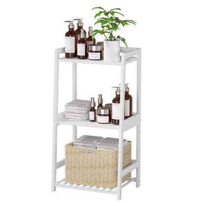 POXAKA Bathroom Shelves, 3 Tier Ladder Shelf Bamboo Nightstand Open Shelving, Bookshelf Bookcase End Table Plant Stand for Living Room, Bedroom, Bathroom, Kitchen, Balcony