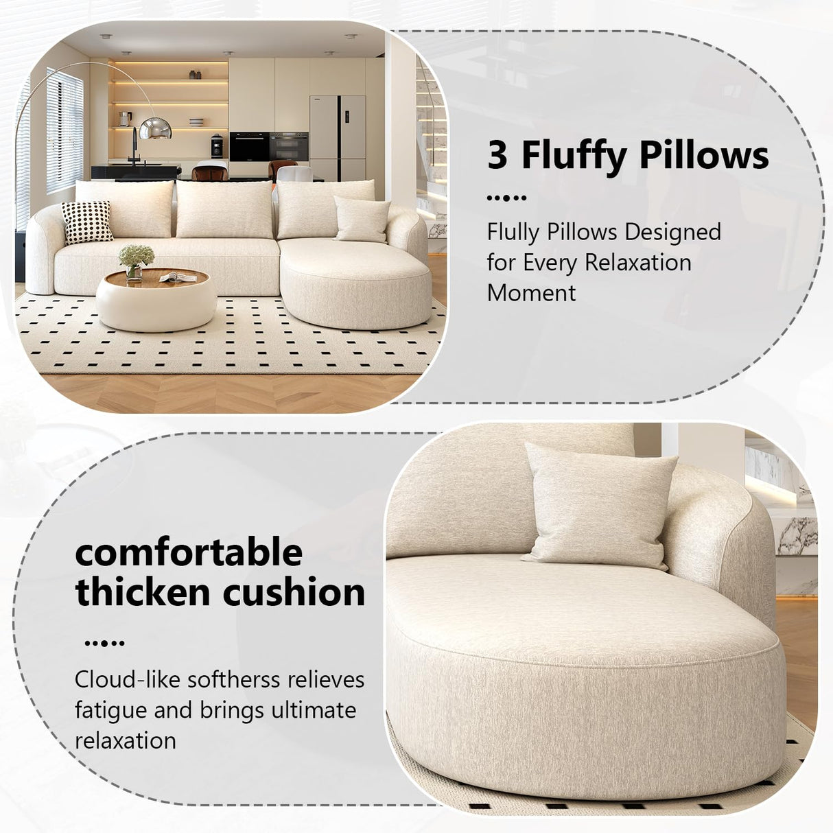 Settab 111" Modular Sectional Couches Luxury Modern Curved Back Sofa,Minimalist Comfy L-Shape Boneless Cloud Couch for Living Room Apartment,(Right Facing Chaise,White) Settab