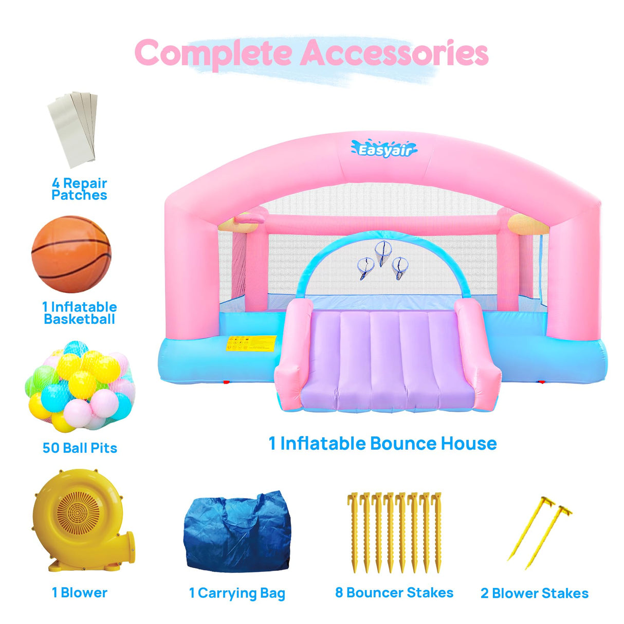 Easyair Large Bounce House Holds 6 Kids, 14.8 x 14.5 FT Inflatable Bouncer Jumper Slide with 650W Blower, Basketball Hoop, Throw Ball Game, Ball Pits (Pink, 177" L x 174" W x 94" H) EASYAIR