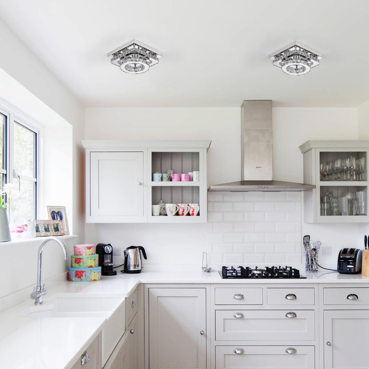 Crystal Ceiling Light Fixture LED Crystal Chandelier Kitchen Lights Ceiling Crystal Flush Mount Ceiling Light Small Bedroom Chandelier Modern Chandelier for Hallway Bathroom Entryway Chandelier Light DSLITING