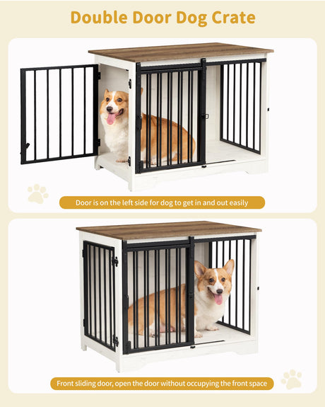 Hzuaneri Dog Crate Furniture, 32" Double Door Dog Crate with Barn Door, Dog Kennel Indoor, End Side Table Wooden Dog Crate for Small Medium Large Dog, Anti-Chew Anti-Escape, White Brown Hzuaneri
