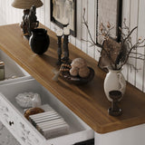 JOIKUJIA Wide Accent Cabinet with 4 Carved Doors & 2 Drawers, Vintage Hollow Carving Sideboard with Brown Tabletop, Farmhouse Buffet Cabinet, White and Brown 63”W x 15.7”D x 31.9”H JOIKUJIA