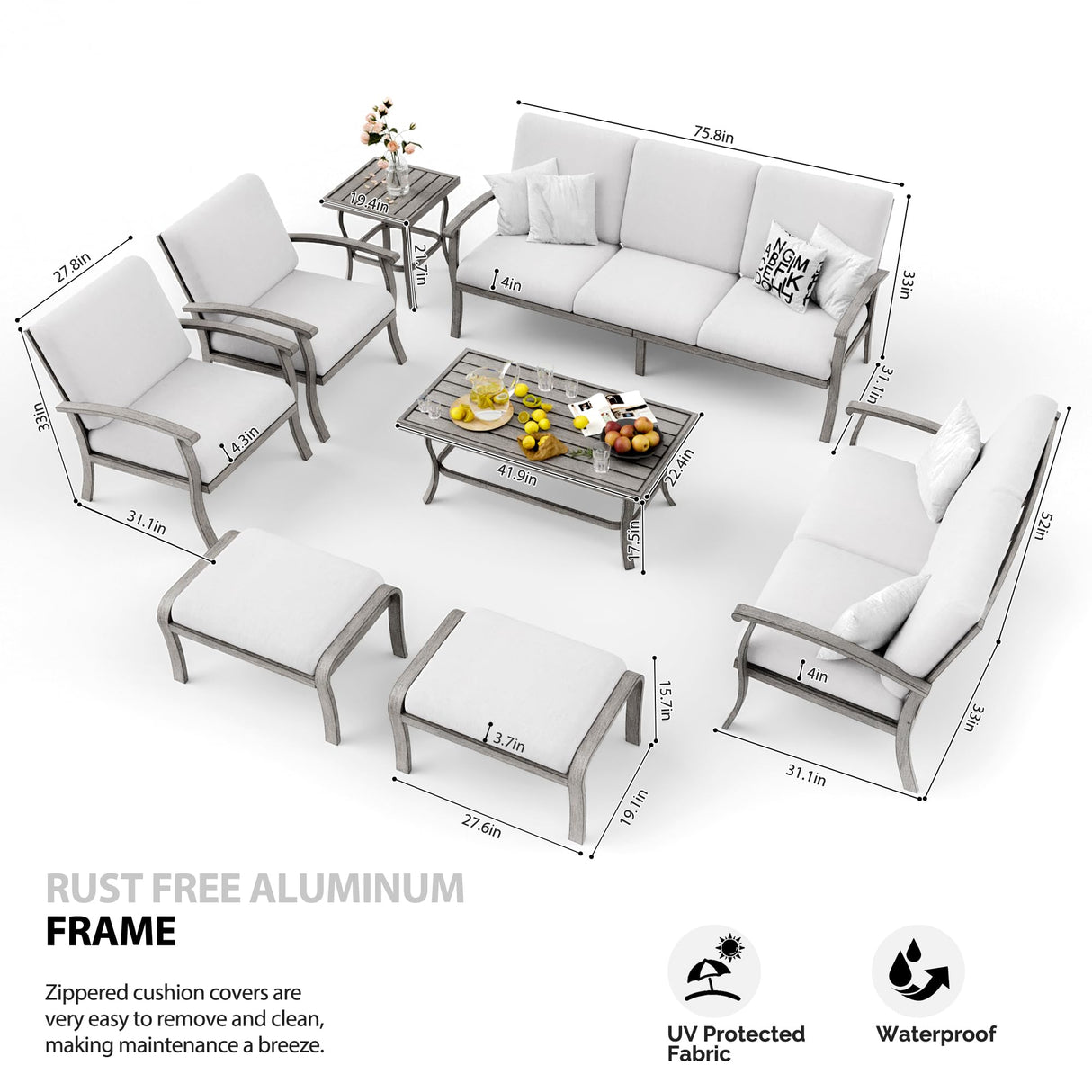 HAPPATIO 8 Piece Aluminum Patio Furniture Set, 3-Seat Outdoor Couch and Loveseat, All-Weather Outdoor Sectional Sofa with Armchairs and Ottomans, Garden Conversation Set with Tables(Gray) HAPPATIO