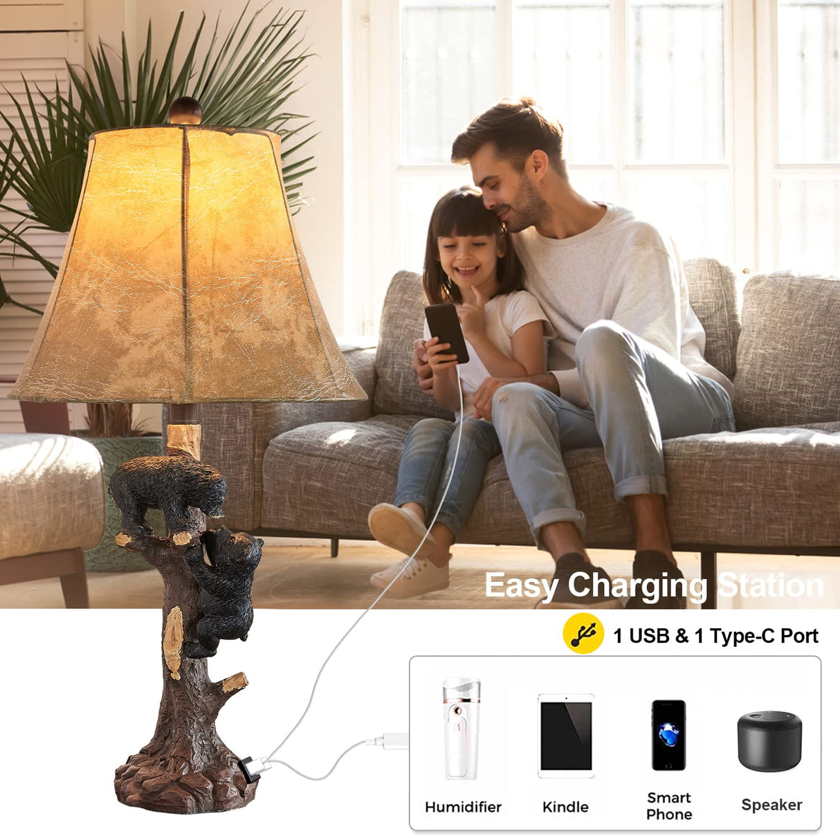 LOKHOM Climbing Bears Rustic Western Table Lamp Set of 2, 26" Rustic Bedside Lamp with USB & TypeC Charging Port, Natural Bears Table Lamp for Bedroom Living Room Foyer Office Valentine's Day Gift LOKHOM