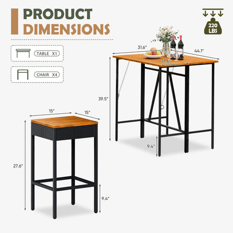 Devoko Patio Bar Set 5 Pieces Acacia Wood Patio High Top Bar Table and Stools Chairs Set Foldable Outdoor Bar Stools Set of 2 for Garden, Balcony Devoko