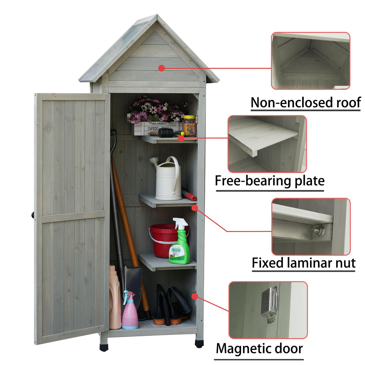 FTCBNet Outdoor Storage Shed Wooden Garden Tool Storage Cabinet with 3 Removabl Shelves and Galvanized Sheet Waterproof Roof for Yard,Patio,Deck and Porch (Gray) FTCBNet