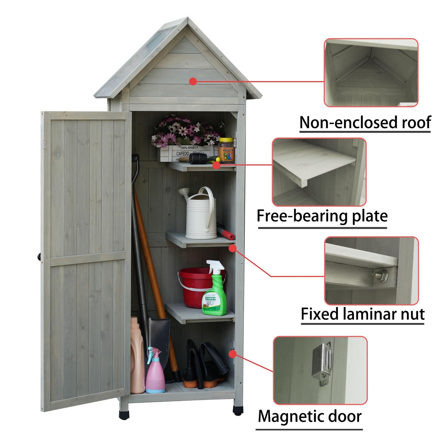 FTCBNet Outdoor Storage Shed Wooden Garden Tool Storage Cabinet with 3 Removabl Shelves and Galvanized Sheet Waterproof Roof for Yard,Patio,Deck and Porch (Gray)