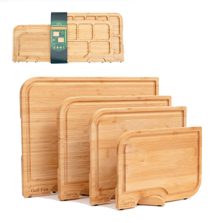 GolfFox Wooden Cutting Boards for Kitchen, Double-Sided: Wooden Chopping Board and Charcuterie Board, Bamboo Cutting Board Set with Holder, Wood Cutting Board Set with Stand, Wooden Cutting Board Set GolfFox
