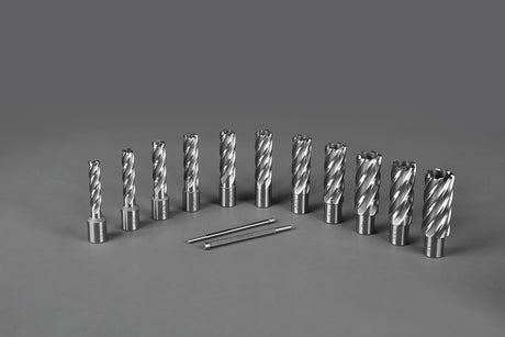 Annular Cutter Set 13 pcs JESTUOUS 3/4 Inch Weldon Shank 2 Cutting Depth and Cutting Diameter from 7/16 to 1-1/16 for Drill Press HSS Standard Kit Two Flat with 2 Pilot Pins JESTUOUS