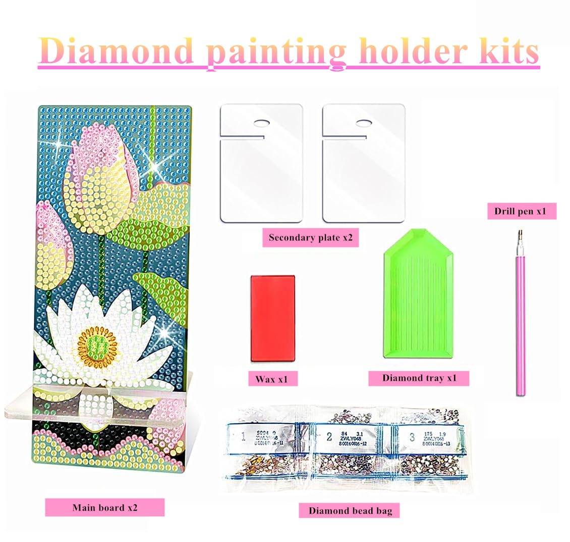 NUFTVI 2 Pack Diamond Painting Phone Holder Kits, 5D Full Crystal Diamond Art Phone Holder& Mirror Craft Kits Gift for Beginner/Adult (Lotus and Cherry Blossom) NUFTVI