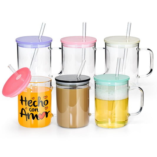 sweet grain Glass Cups with Handles, 6 Pack Clear Glass Coffee mugs with Handle and Colored Acrylic Lid, 17 oz Sublimation Glass Mugs with Handles, for Coffee, Tea, Cocoa, Milk