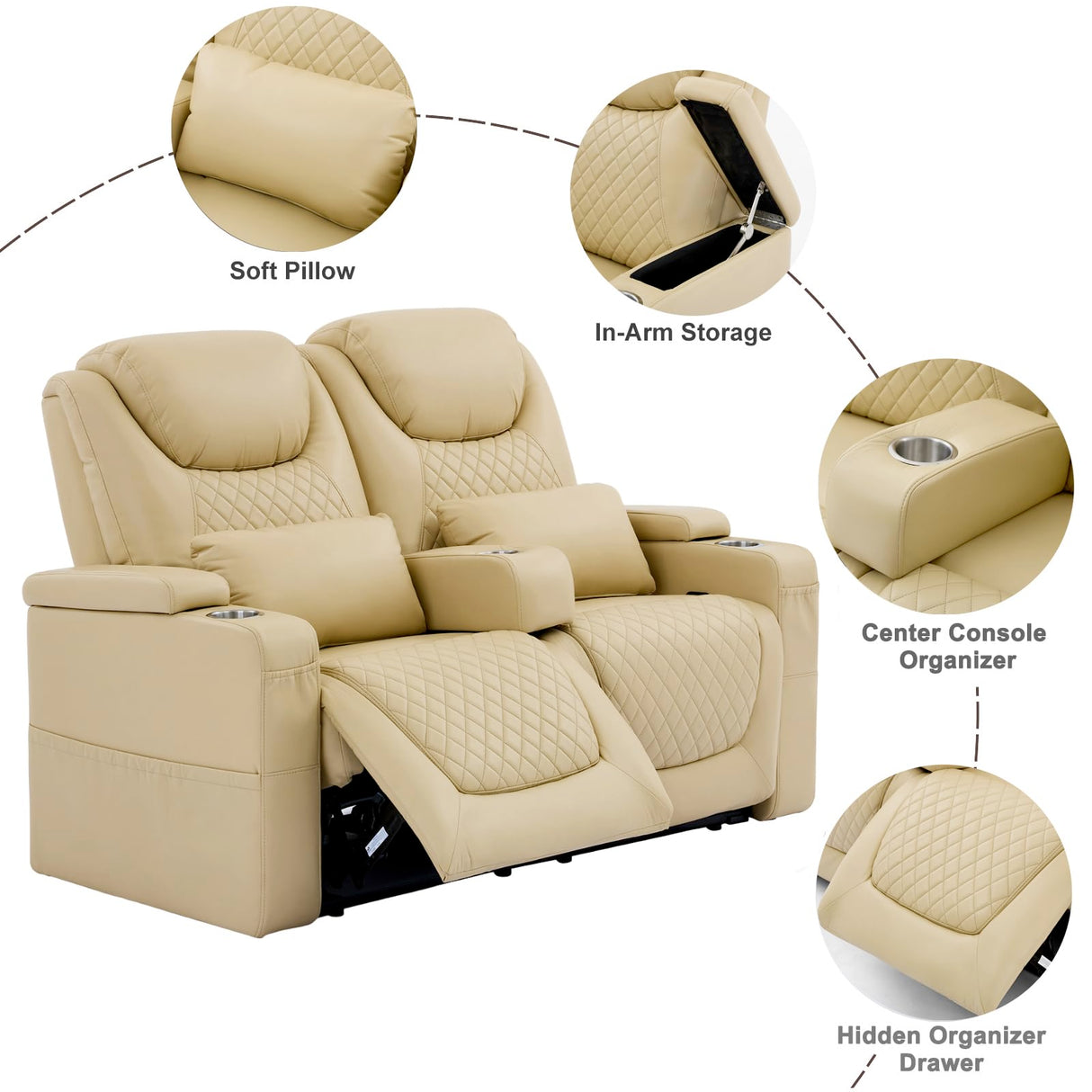 Attliahome 61" RV Loveseat Recliner, Double Recliner Furniture with 3 Arms and 2 Pillows, Wall Hugger Recliners & 135° Reclining Theater Seating (Beige PU Leather RV Couch) Attliahome
