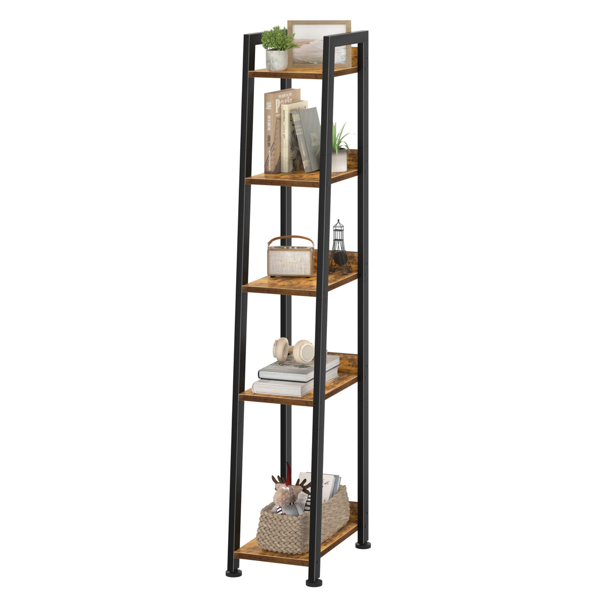 KLUVIS Narrow Ladder Shelf for Small Spaces - 5 Tier Thin Bookshelf Skinny Book Shelves Slim Bookshelves 60 inch Tall, Farmhouse Brown (02BN) KLUVIS