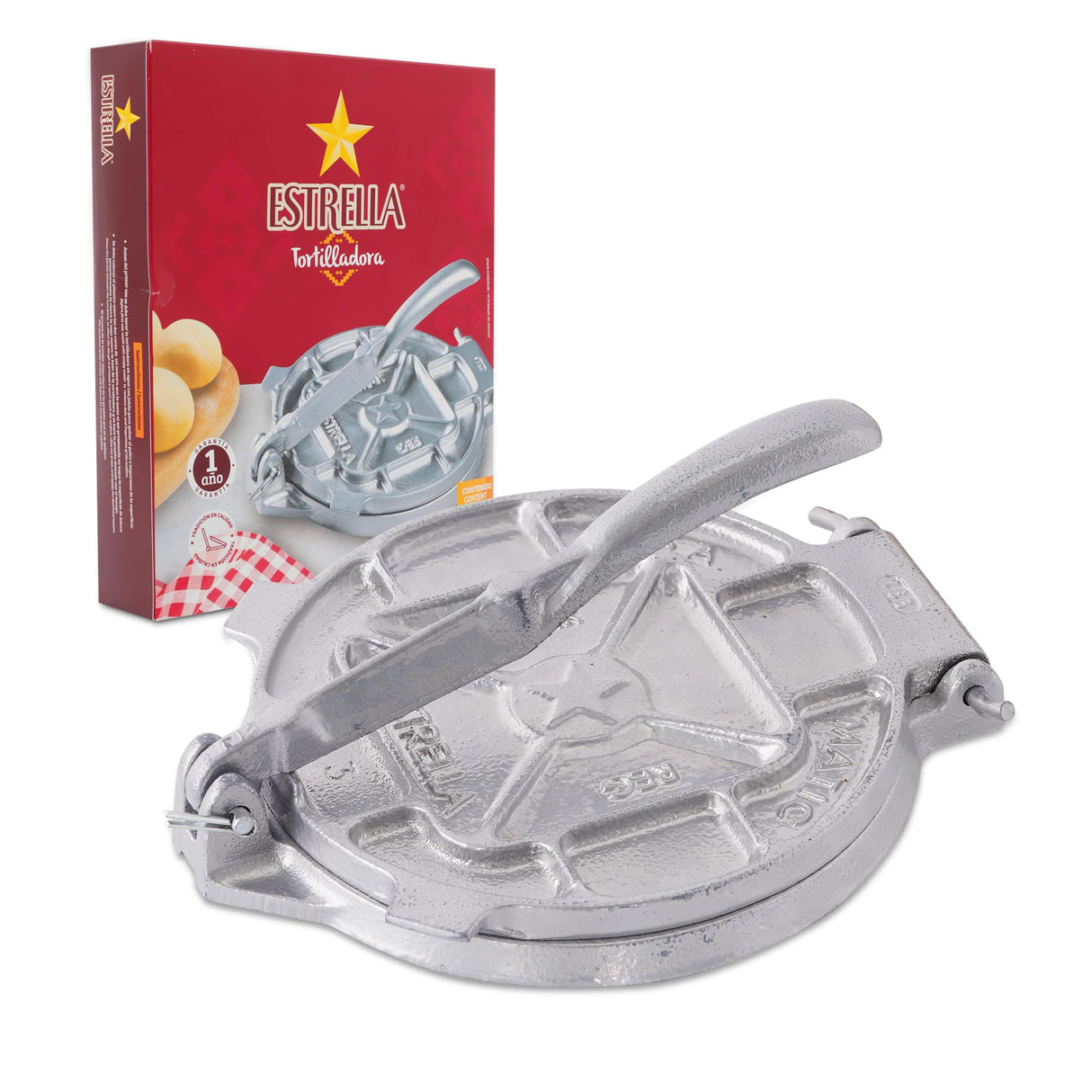Estrella (7.5 inch) Cast Iron Tortilla Press and Tostonera, Perfect for Mexican Food, Tortillas, Burritos, Quesadillas, Empanadas, and Sopes, Prensa Para Tortillas, Silver Finish universal