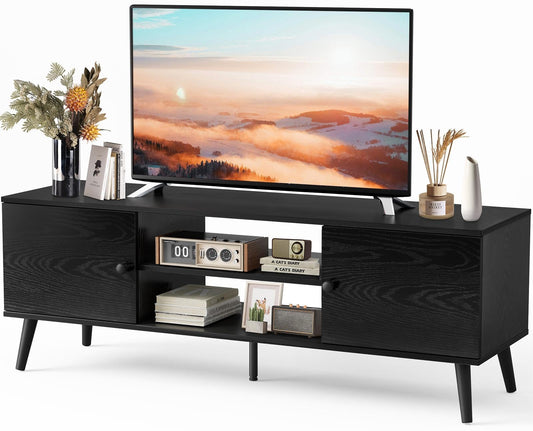 Sweetcrispy TV Stand for 55 60 inch TV, Modern Mid Century Entertainment Center with Storage, Media Console Table 2 Cabinet, Soft Hinge, Handle Door, Wooden Living Room, Office Furniture, Black