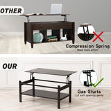 Meihua Lift Top Glass Coffee Table with Storage Compartment and Separated Open Shelves, Lift Tabletop for Living Room Home, Office, Black Meihua