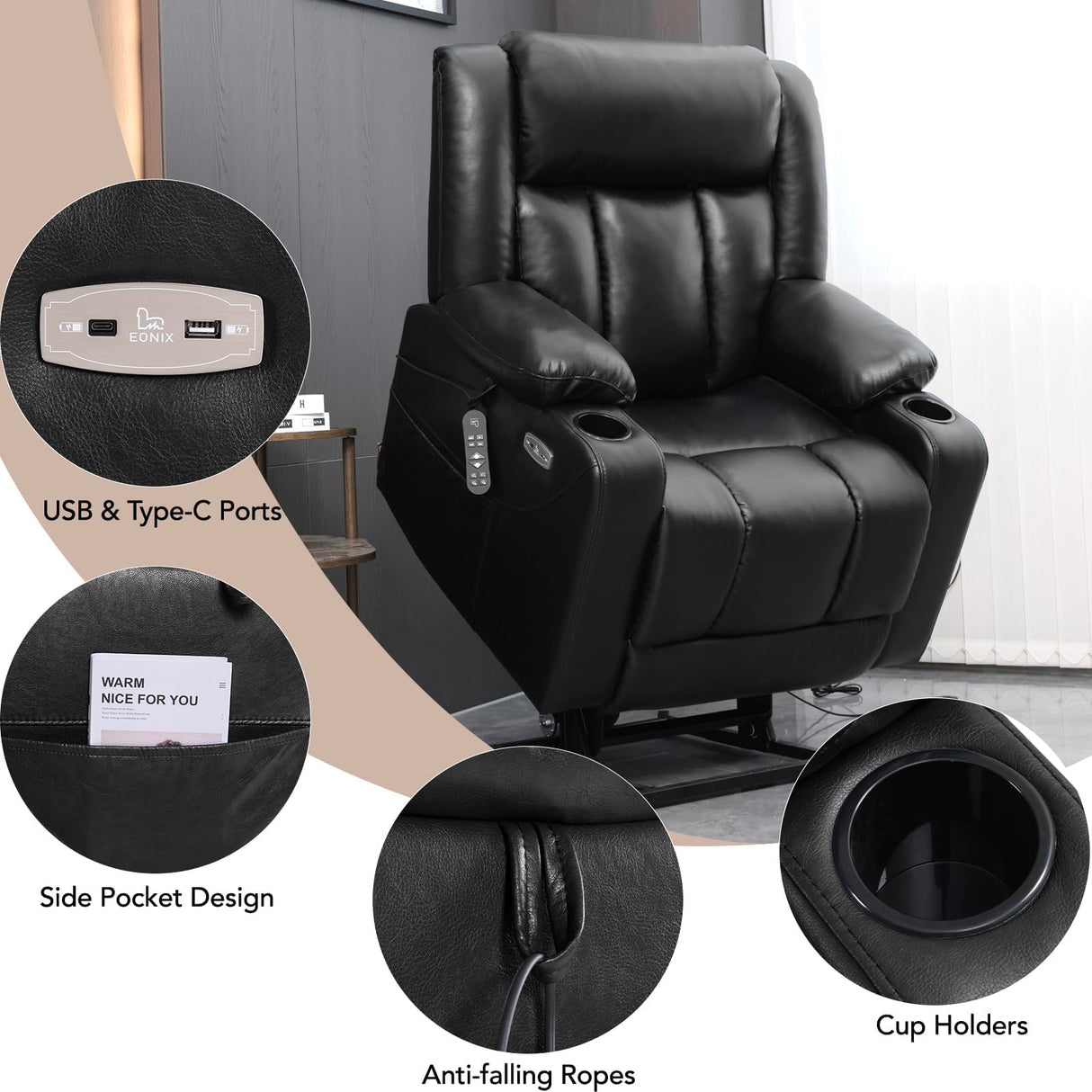 EONIX Dual Motor Oversized Power Lift Recliner Chair for Elderly, 400lbs Heavy Duty Faux Leather Recliner with Massage and Heat, Lay Flat Big and Tall Lift Chair with Cup Holders, Black EONIX
