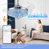 Zynfandor 48" Bluetooth Ceiling Fan with Light and Speaker,RGB Retractable Blades Crystal Fandelier Music Player LED Chandelier 6-Speed APP Control Timer Remote Control for Bedroom Silver Zynfandor