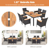 HAPPYGRILL 7 Pieces Outdoor Dining Set, Patio Conversation Set with Umbrella Hole, Acacia Wood Tabletop & Seat Cushions, Dining Table with 6 Rattan Wicker Chairs for Backyard Poolside Deck HAPPYGRILL