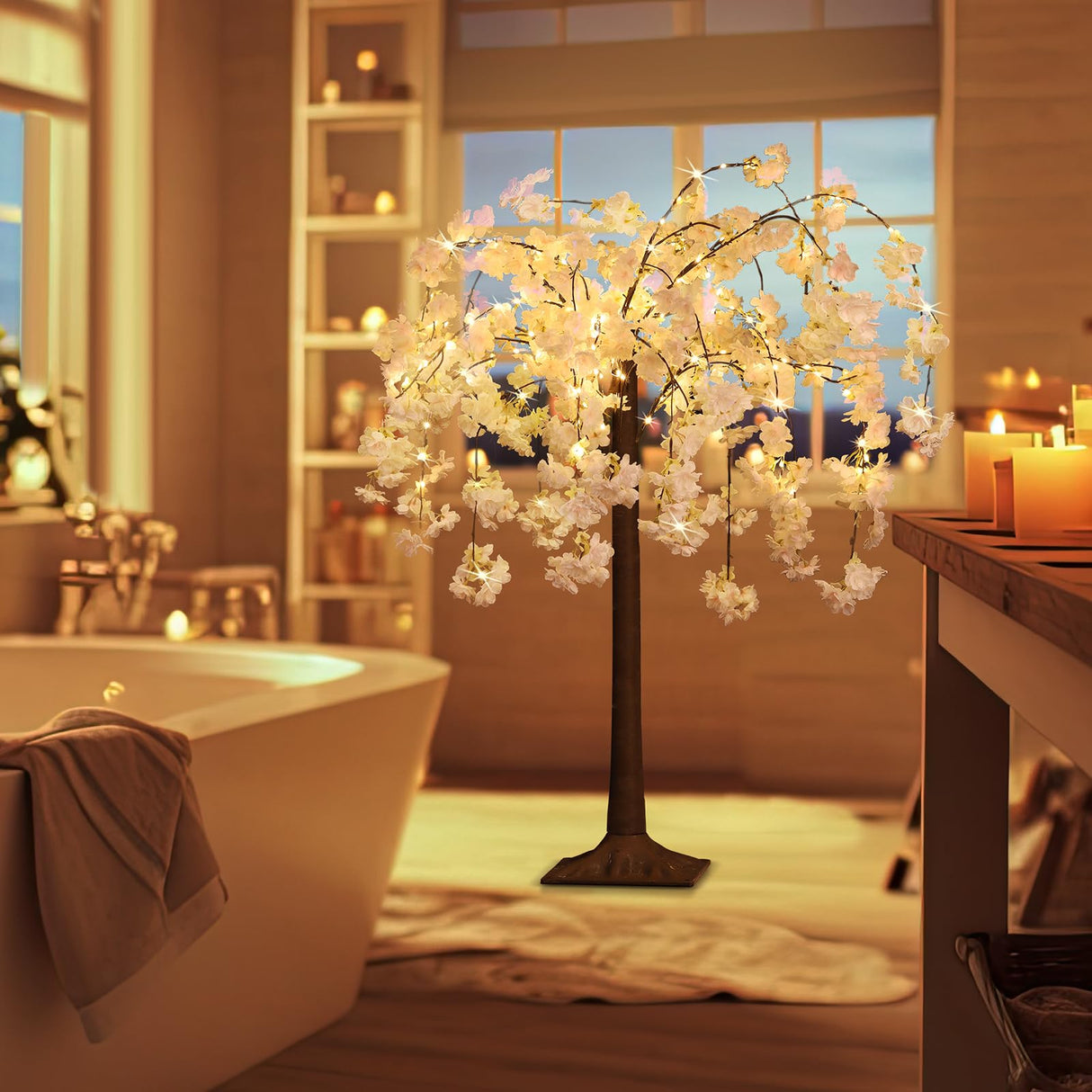 OUSHENG Lighted Cherry Blossom Tree LED Artificial Trees for Decoration Inside, Light up Fake Plant with Faux Flower for Home Wedding Party Festival Christmas Indoor Decor, Warm White, 4FT OUSHENG