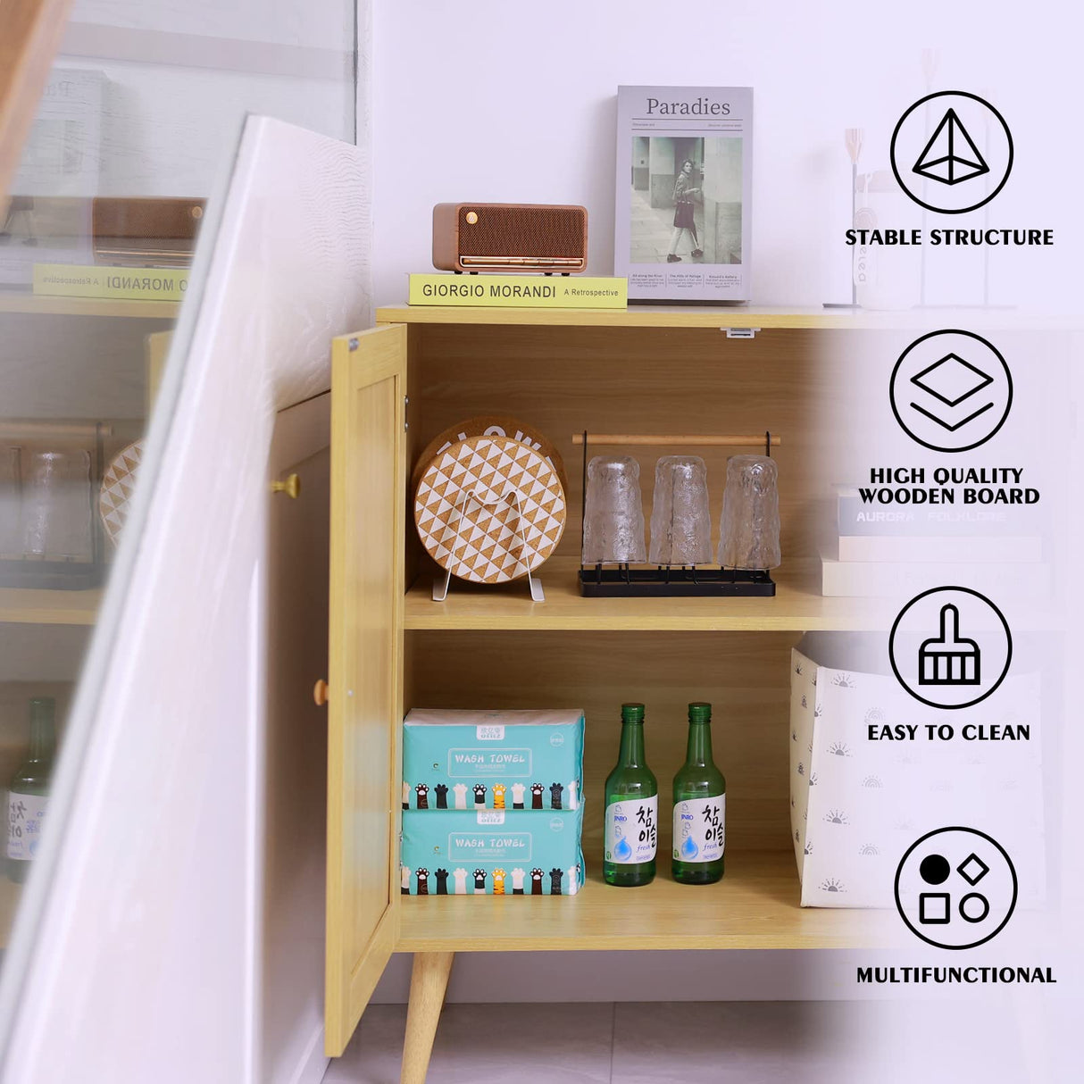 EOYUTLLY Sideboard Buffet Cabinet with Storage, Kitchen Storage Cabinet with Rattan Doors, Rattan Cabinet with Adjustable Shelves for Hallway, Living Room, 31.5 x 15.7 x 35 Natural, Assemble Easily EOYUTLLY