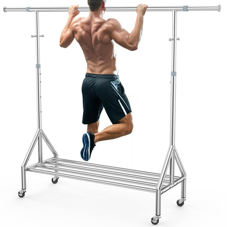 100% Stainless Steel Clothing Rack Load 760LBS, Ultra-Stable Heavy Duty Clothes Rack W/ Reinforced Rubber Ring, Extendable Adjustable Rolling Garment Racks W/ Sturdy Wheel for Portable Hanging Clothes FYBEE