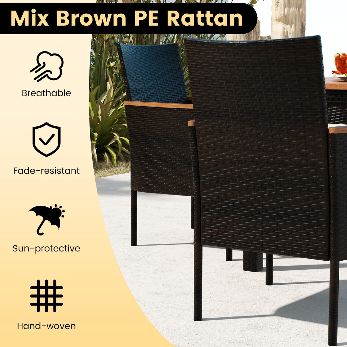 KOTEK Outdoor Dining Set for 6, PE Rattan Wicker Patio Furniture Set with Wood Table & Cushioned Armchairs, 1.96'' Umbrella Hole, Patio Table and Chairs Set for Garden, Backyard, Balcony, Poolside KOTEK
