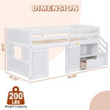 Osparple Twin Size Low Loft Bed, Kids Bed Frame with Shelf, Drawer and Stairs for Girls, Boys, Loft Bed with Storage, Strong Wood Slats Support, White Osparple