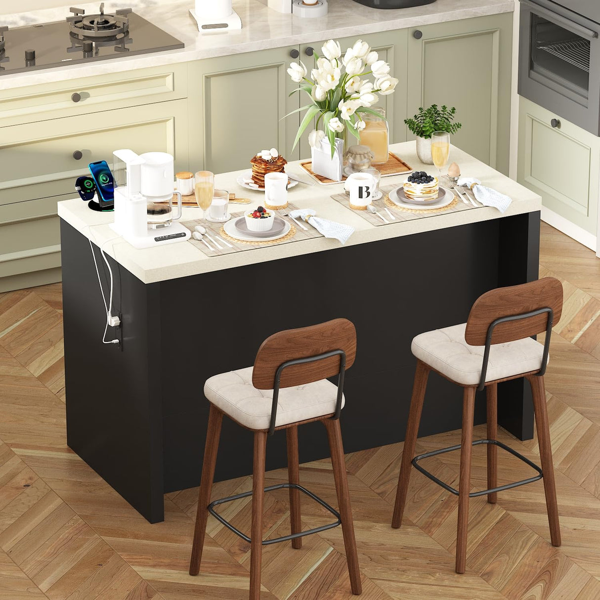 Homsee 61" W Large Kitchen Island with Charging Station, 2 Drawers & Adjustable Shelves, Modern Stationary Kitchen Prep Table Coffee Bar Cabinet for Dining Room, Black & Beige Homsee