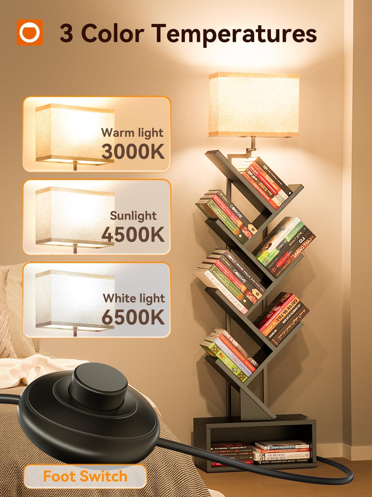 addlon 6-Tier Tree Book Shelf with LED Light, Steel&Wood Bookshelf with Storage Cabinet, Narrow Tall Bookcase with 3CCT Bulb, Small Bookshelf for Bedroom, Home Office&Living Room-Black Oak addlon