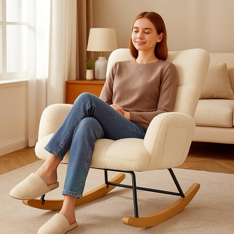 COMHOMA Nursery Rocking Chair, Teddy Upholstered Glider with Side Pockets, Accent Chair with High Backrest Reading Chair for Adult, Nursery, Bedroom, Living Room,Offices(Beige) COMHOMA