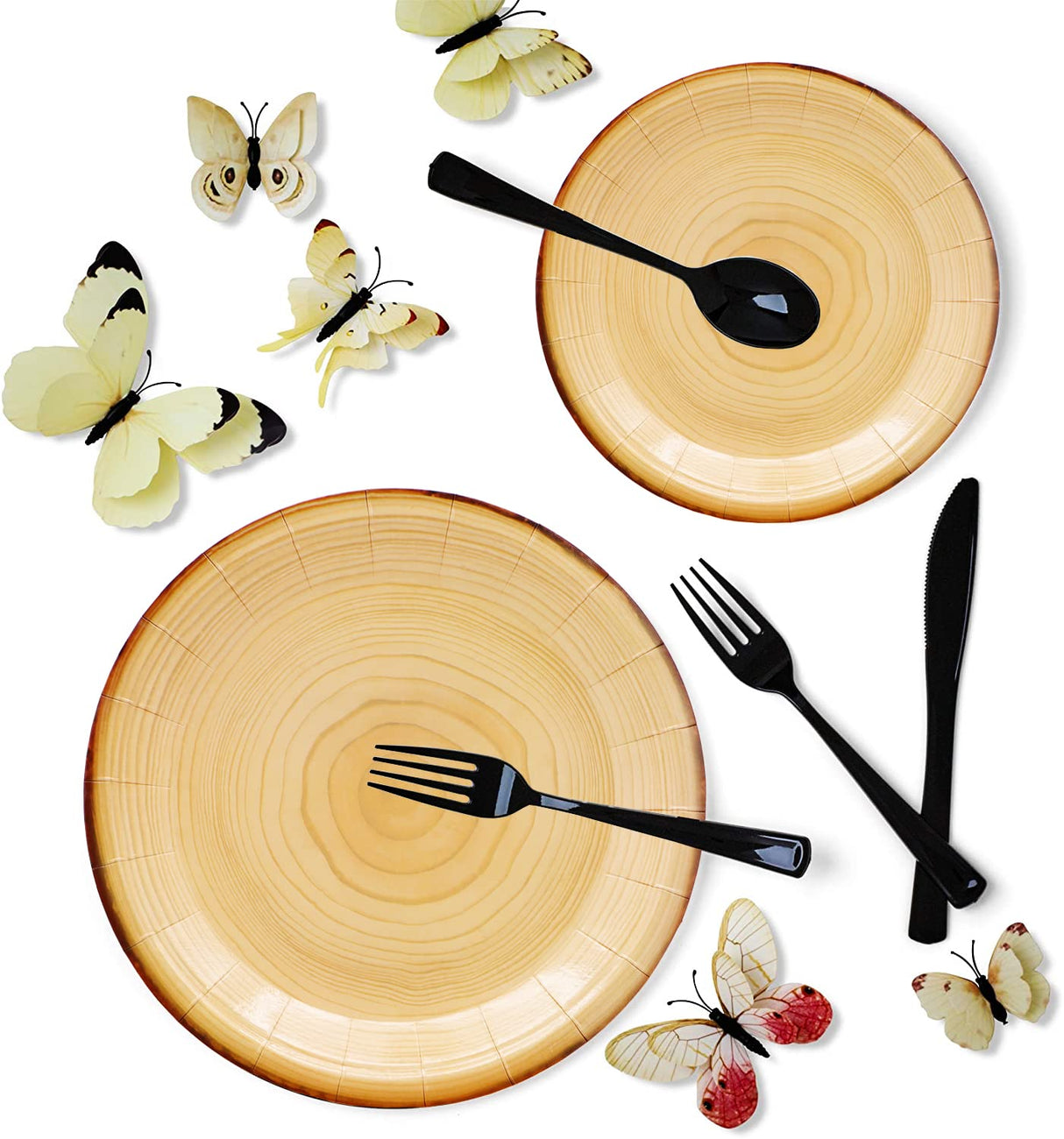 175Pcs Wood Grain Party Supplies Rustic Wood Slice Party Set 9"& 7"Wood Plates Napkins Cup Knives Forks Spoons for Camp Fire Camping Woodland Animal Lumberjack Baby Shower Birthday Party Decor Serve25 HSPAIDYP