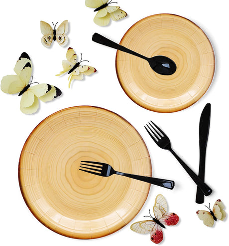 175Pcs Wood Grain Party Supplies Rustic Wood Slice Party Set 9"& 7"Wood Plates Napkins Cup Knives Forks Spoons for Camp Fire Camping Woodland Animal Lumberjack Baby Shower Birthday Party Decor Serve25 HSPAIDYP