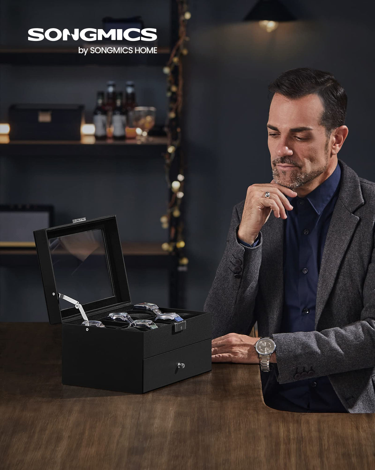 SONGMICS 20-Slot Watch Box, Watch Case with Glass Lid, 2 Layers, Lockable Watch Display Case, Black Synthetic Leather, Black Lining UJWB020B01 SONGMICS