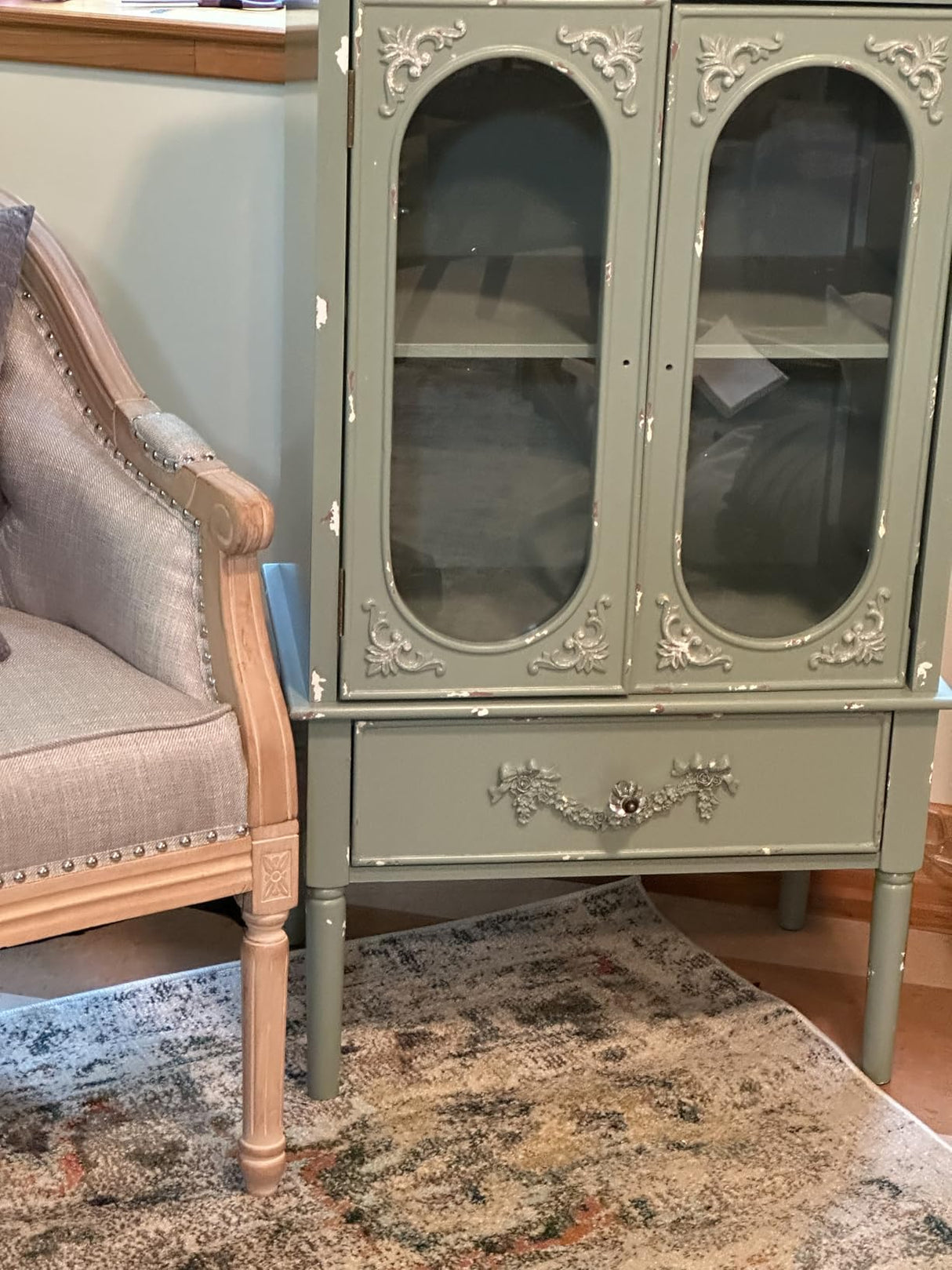 MAISON ARTS 42" Tall Accent Cabinet with 2 Glass Doors & 1 Drawer, Modern Farmhouse Kitchen Buffet Cabinets with Storage Living Room Entryway Cabinet Solid Wood Legs, Mint Green MAISON ARTS