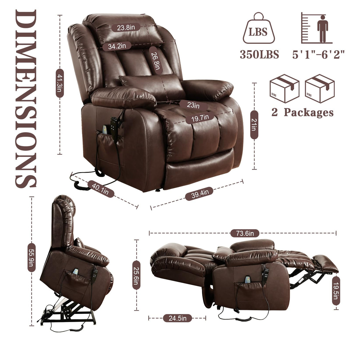 Infinite Position Lay Flat Lift Recliner Chair for Adults, Dual Motor Power Lift Chair for Elderly with Massage & Heating, Extended Footrest, USB Ports, Remote Control & Lumbar Pillow, Leather (Brown) RESTREAL