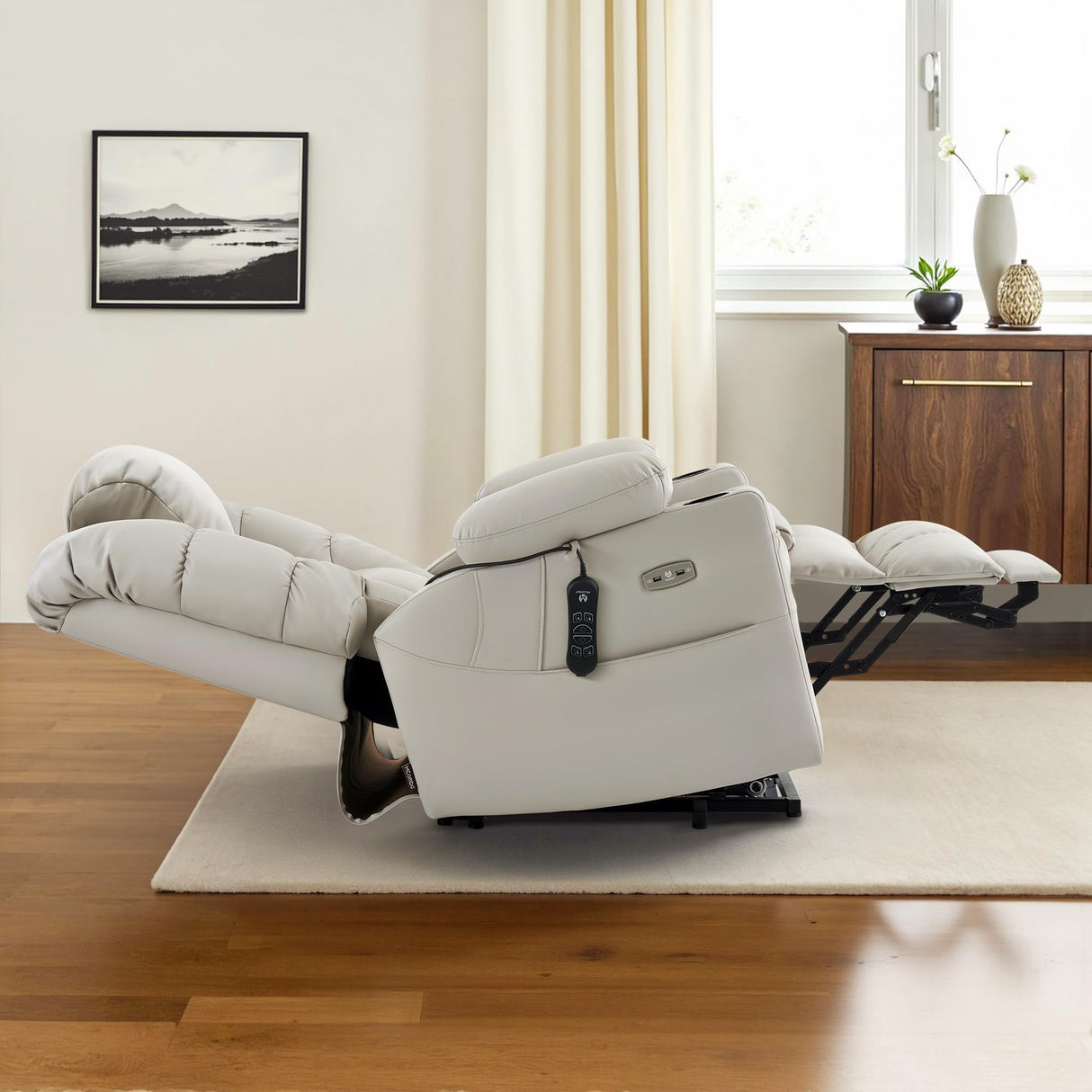 MCombo Large Triple Motor Power Lift Recliner Chair with Massage and Dual Heating, Adjustable Headrest for Tall Elderly People, Faux Leather 7634 (Light Grey, Large) MCombo