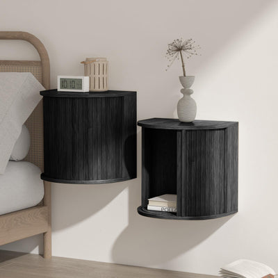 Floating Curved Nightstand Set of 2,Wooden Fluted Wall Mounted Small Bedside Table with Sliding Roller Shutter Door Storage,Suitable for Modern Small Space Bedroom(Floating nightstand-Black-06)