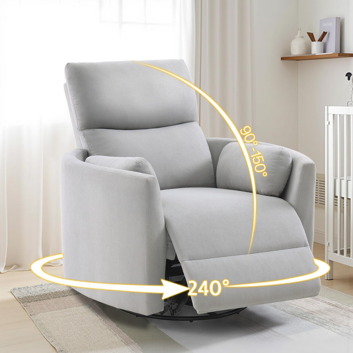 Jocisland Power Recliner Nursery Chair for Adults, Electric Swivel Rocking Glider with USB & Type-C, Soft Fabric Armchair with 2 Pillows, Cozy Reclining Sofa for Living Room, Bedroom, Light Grey Jocisland