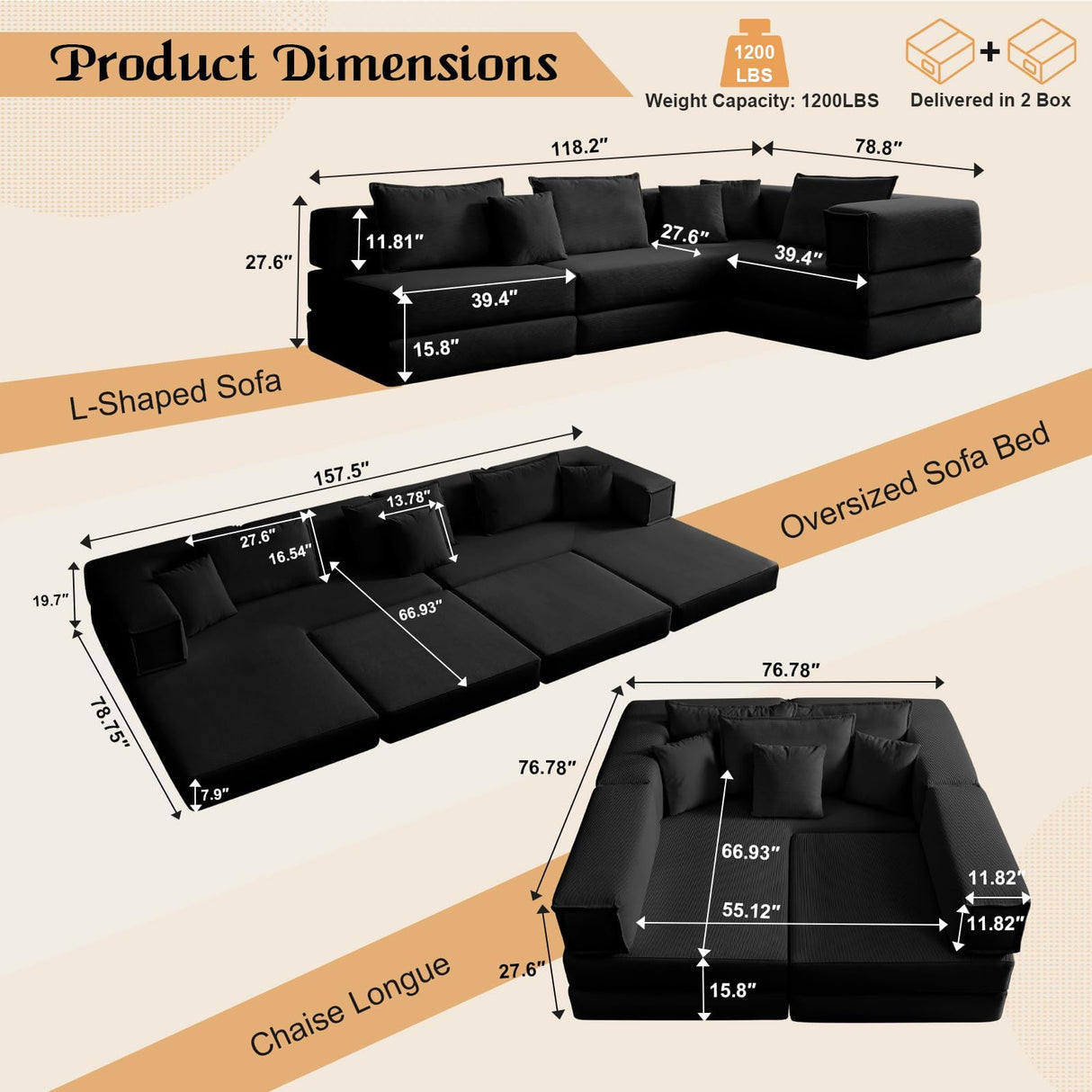 Boneless Sectional Couches for Living Room Furniture, 6-in-1 Convertible Oversized Sofa Bed, L Shaped Cloud Sectional Couch, Corduroy Upholstered Deep Seat Sofa, No Assembly (Black) SCZMWJ