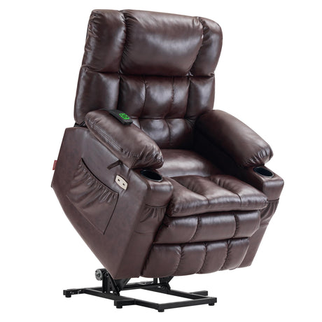 MCombo Dual Motor Power Lift Recliner Chair for Elderly, Infinite Position Lay Flat Lift Chair with Heat and Massage for Seniors, Cup Holders, USB Ports, Faux Leather 7890 (Dark Brown, Medium-Regular) MCombo