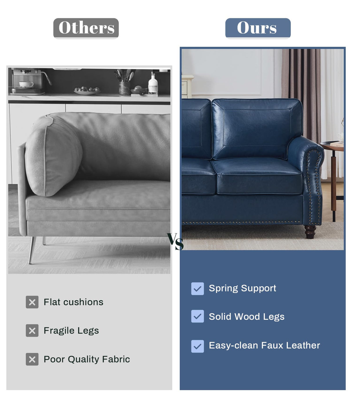 Kingfun Mid-Century Modern Couch, Faux Leather Sofa, 3 Seater Couch for Living Room with Rolled arms & Nailhead Trim, Blue Kingfun