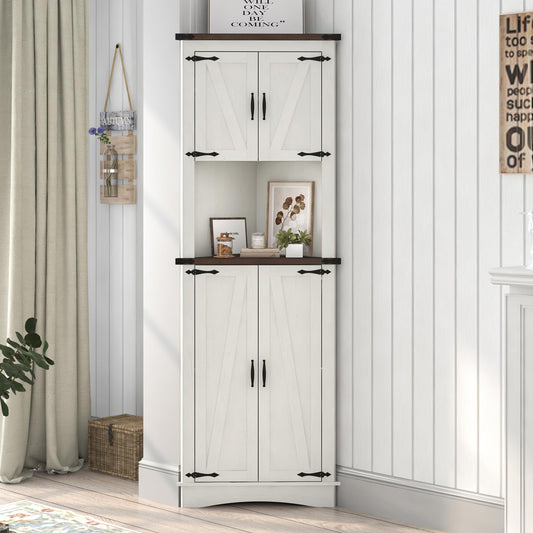 Hlivelood Farmhouse Corner Cabinet, 5-Tier Tall Storage Cabinet with 4 Barn Door & Adjustable Shelves, Bathroom Cabinet with Storage for Living Room, Kitchen, Bathroom, Rustic White - WoodArtSupply